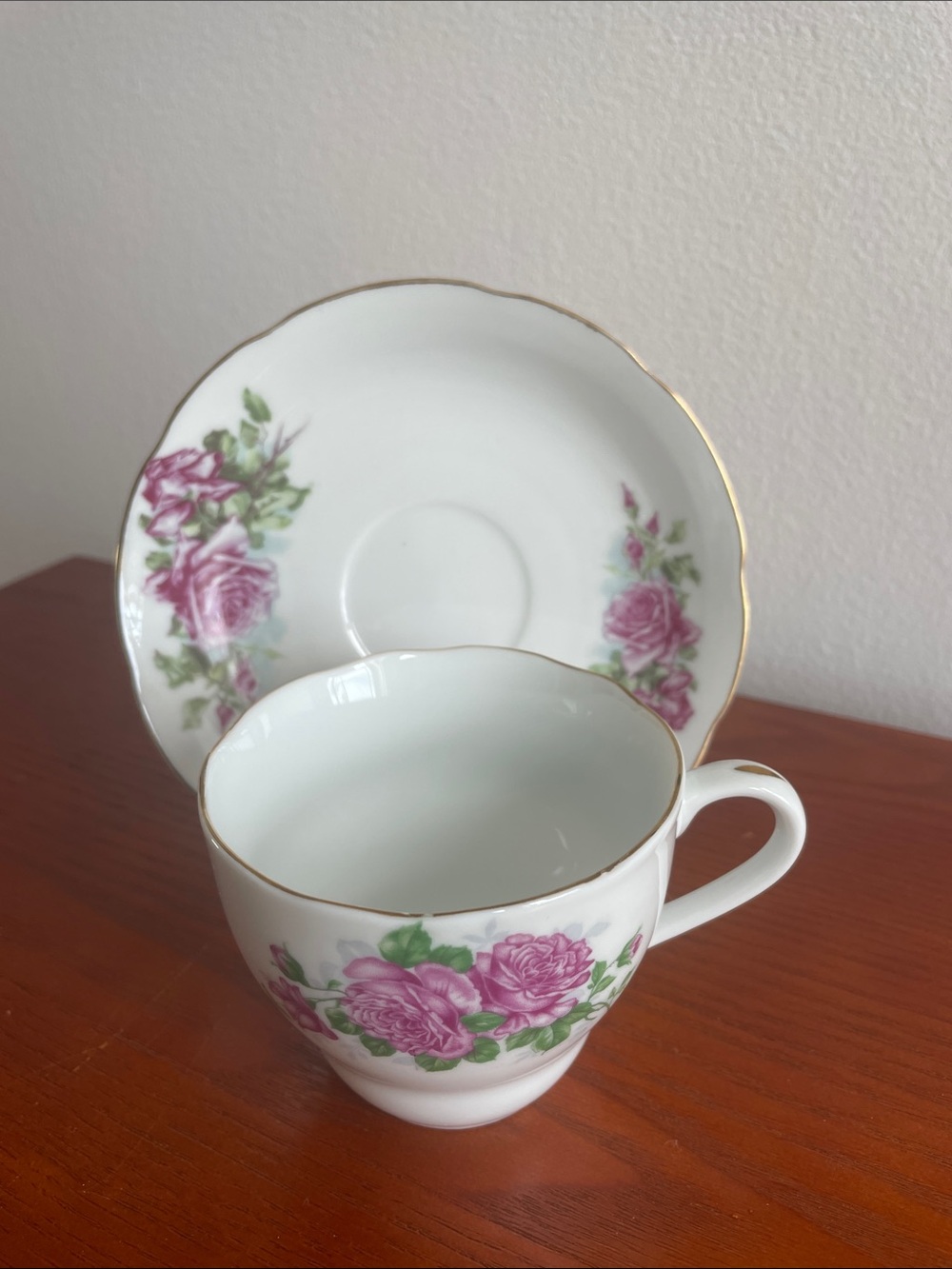 Vintage Porcelain Pink Rose Teacup and Saucer Set China 950